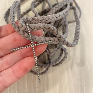 Pave Diamond Cross on Braided Leather Necklace